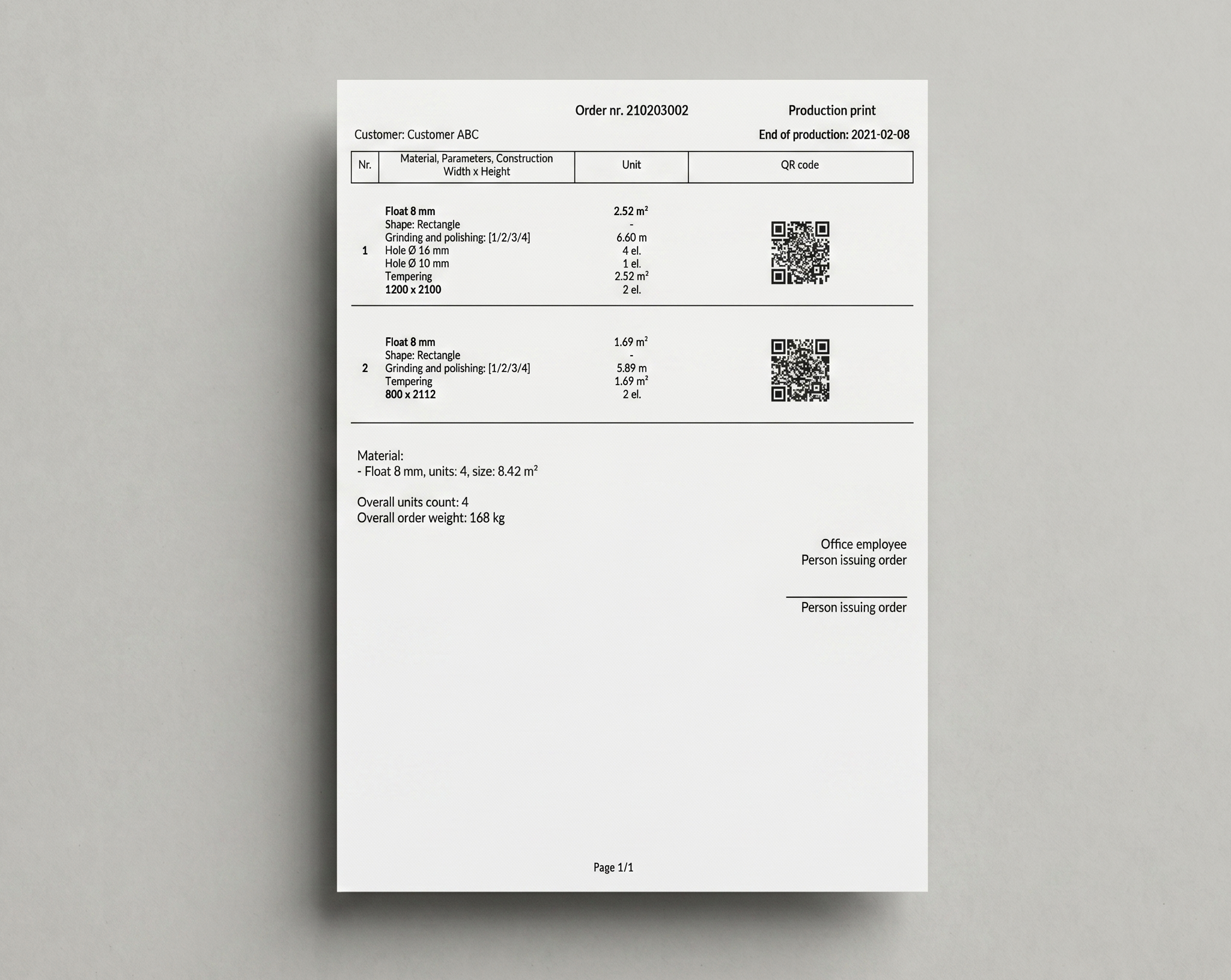 Wydruk produkcyjny MonitGlass – pozycje zamówienia zawierające informacje o materiale, parametrach, konstrukcji, ilości oraz kod QR w każdym wierszu.