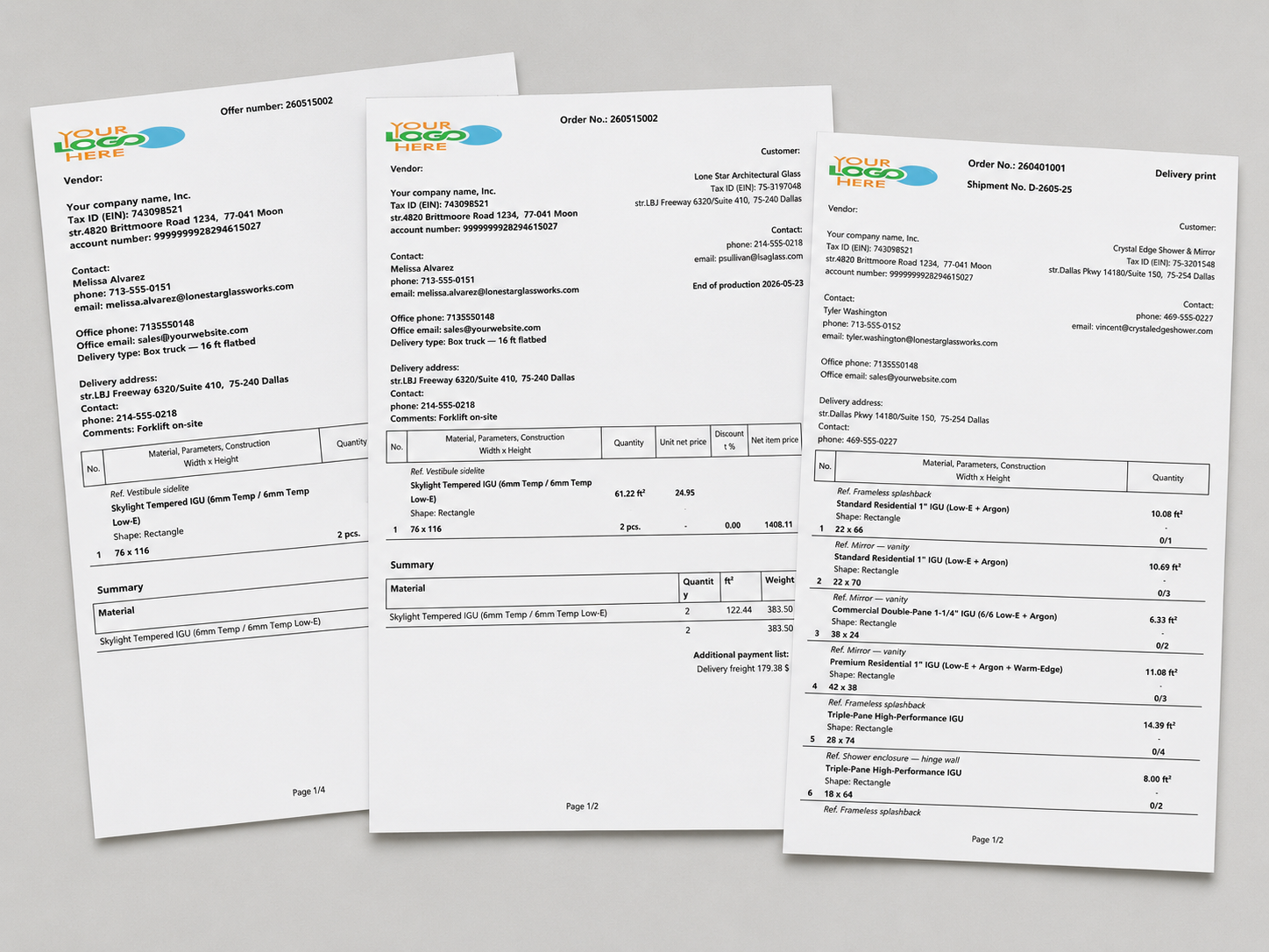 Zestaw dokumentów klienta MonitGlass ułożonych w formie harmonijki – oferta, potwierdzenie zamówienia i dowód dostawy – z których każdy zawiera dane firmy sprzedawcy oraz pozycje zamówienia.