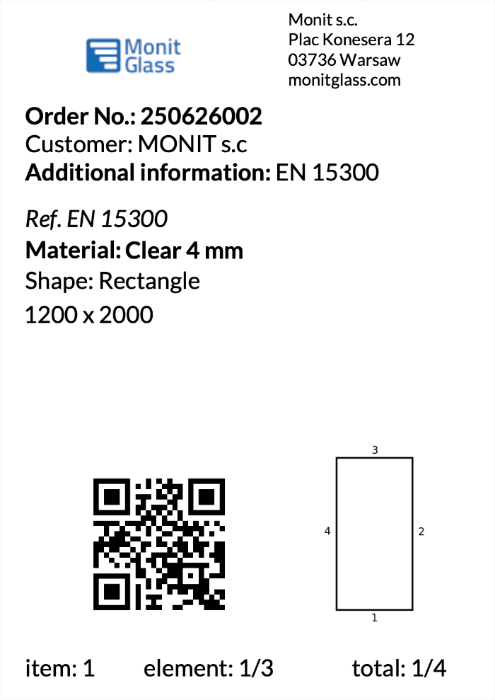 MonitGlass QR production label in metric units - order number, Clear 4 mm glass, 1200 x 2000 mm, QR code and shape diagram