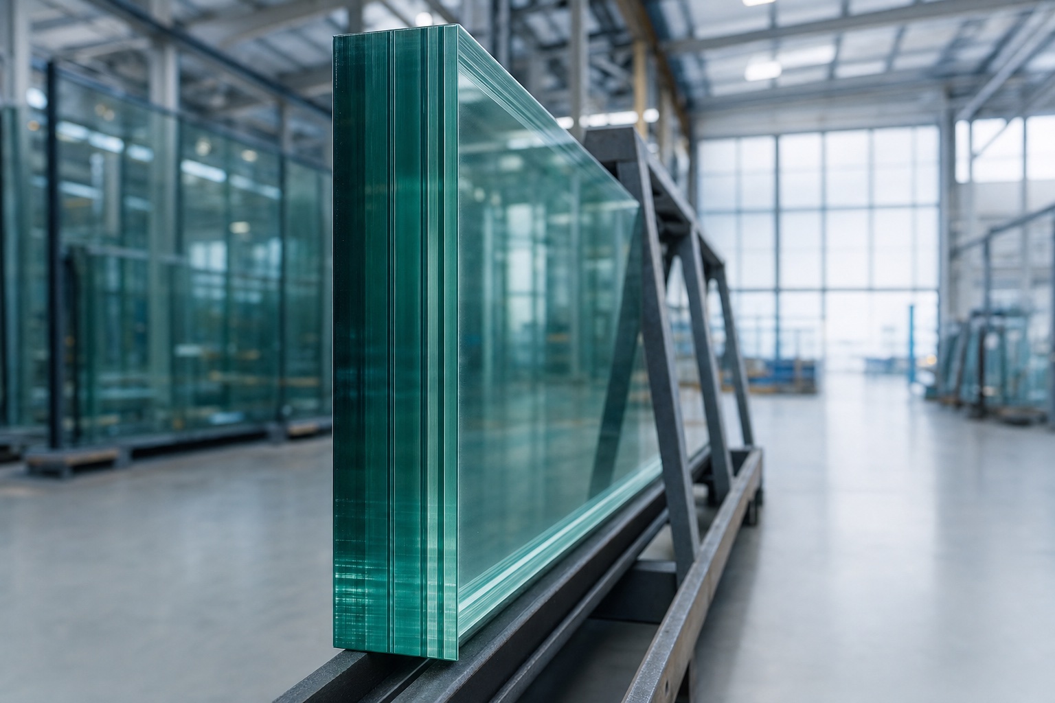 Multi-layer bullet-resistant laminated glass panel with plies of different thicknesses on a factory rack